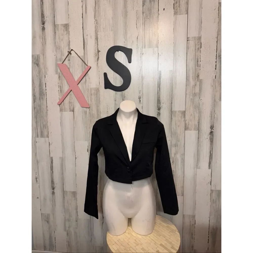 Black Cropped Blazer XS Long Sleeve Open Front Jacket Minimalist Chic